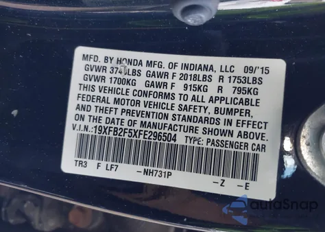 2015 Honda Civic Lx z USA, uszkodzony, nr VIN 19XFB2F5XFE296504